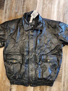 Vintage 90s Mens XL Napoline Black Leather Outfitters Patchwork Bomber Jacket
